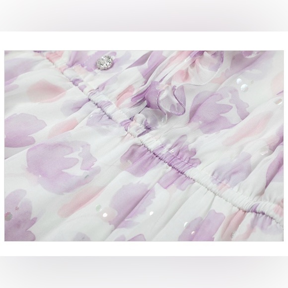 NWT Bow Tie Neck Floral Print Button Front Ruffle Hem A-line Dress Lilac Size S - Picture 9 of 16